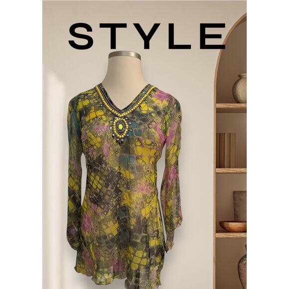 Boho Sheer Tunic Top with Beaded Embellishment -‎ Multicolor, Size 10 - Picture 1 of 5